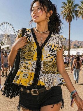 Violet & Claire Patchwork Print Y2K Blouse Yellow Black Small Boho Peplum Top